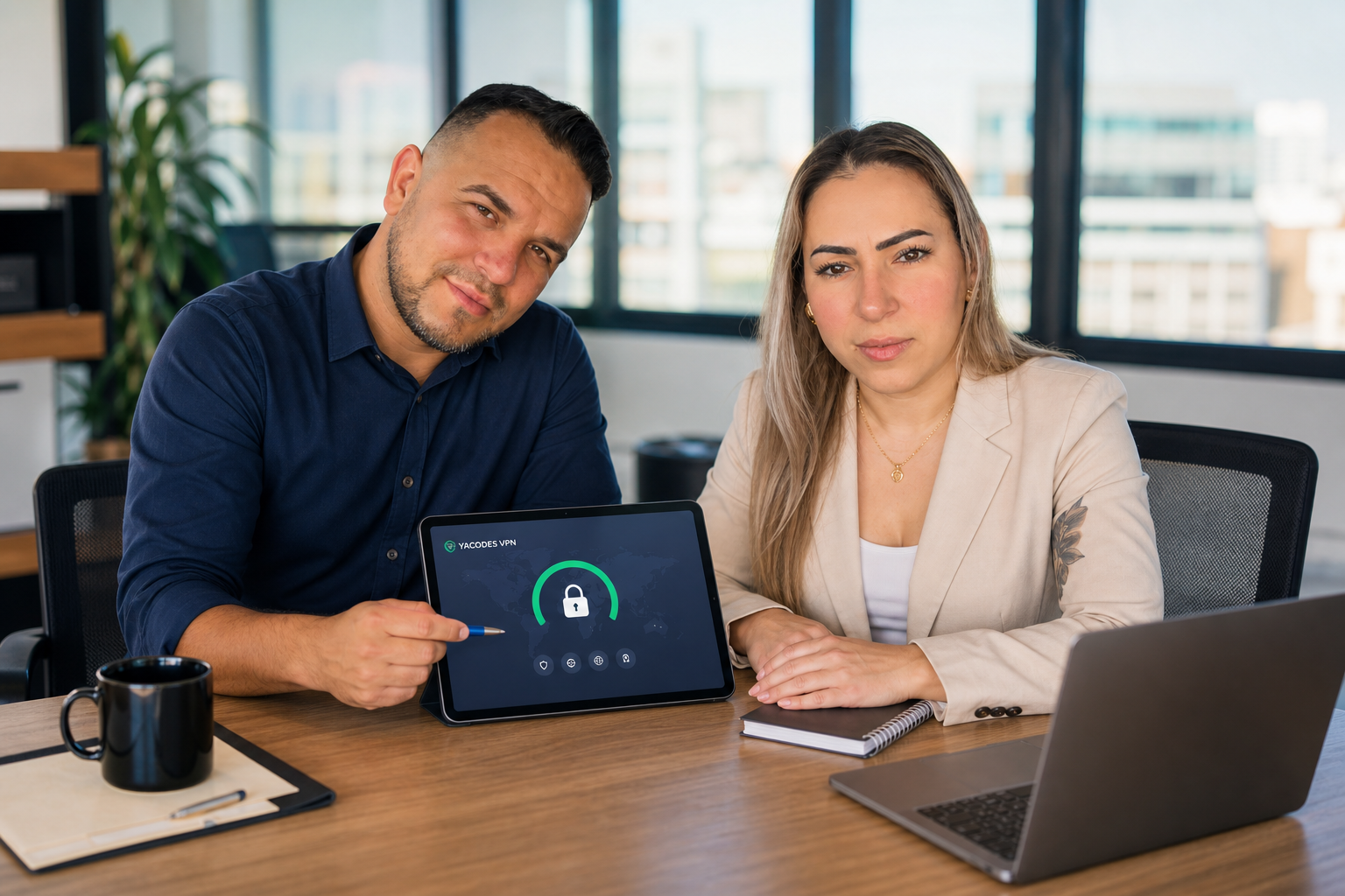 Satisfied business professionals talking while using YACODES VPN